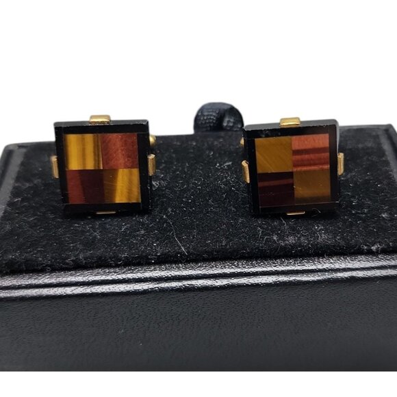 WEH 12Kgf Tigers Eye Onyx Cufflinks Vintage Checkboard Designs Mens Accessories - Picture 1 of 9